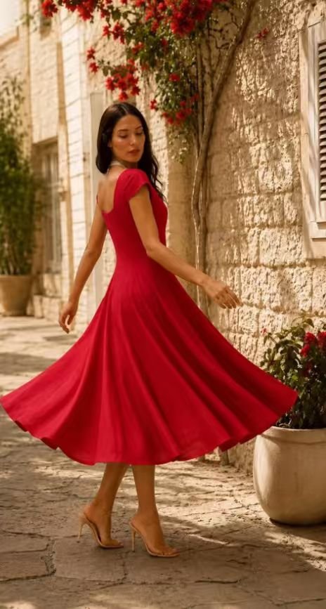 fbad58bd46133b131b908df3deebd4a3.jpg Red colorful short-sleeved dress - Image 1